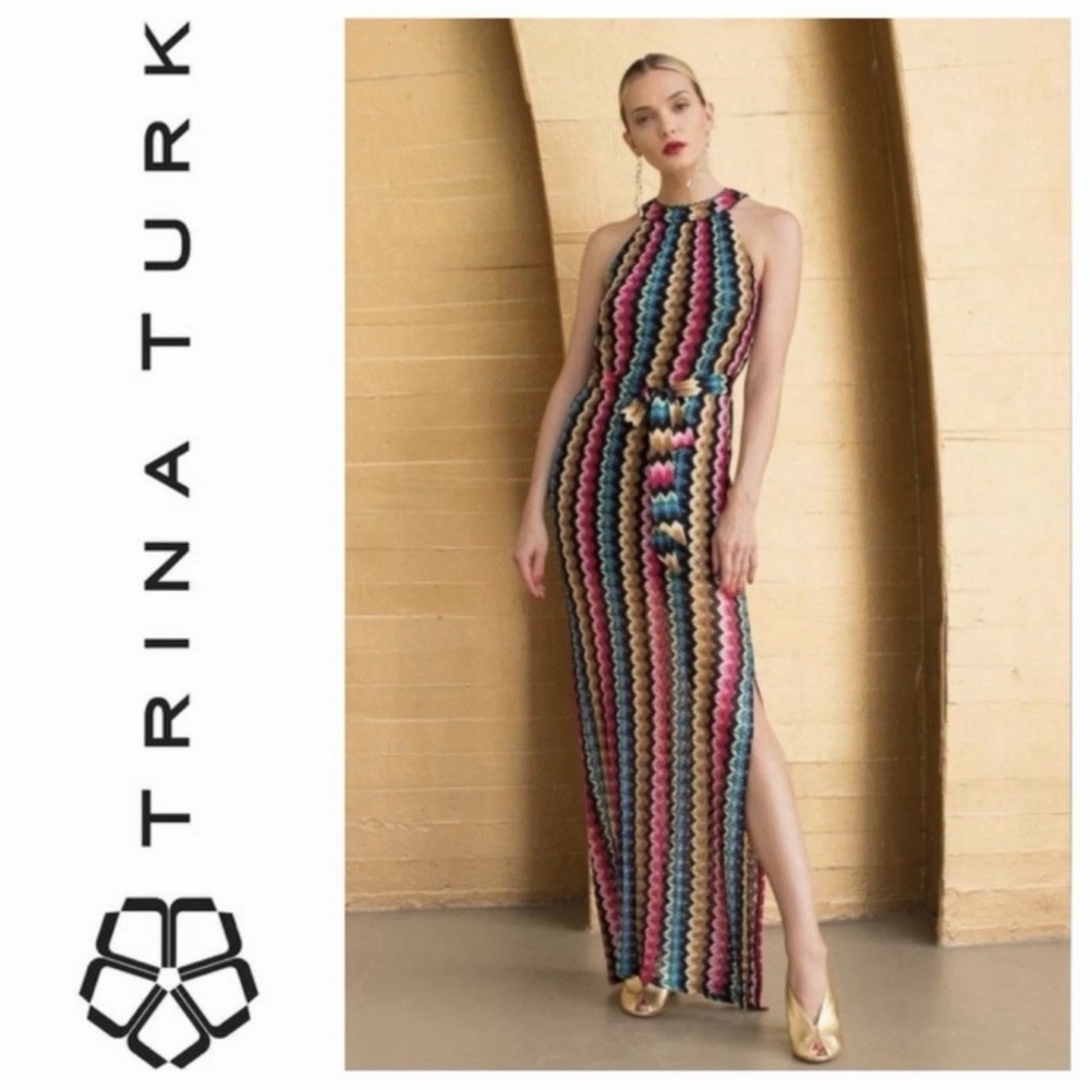 Trina Turk Maxi Dress Size 14 NWT Multicolor Chevron Halter Side Slit Belted
